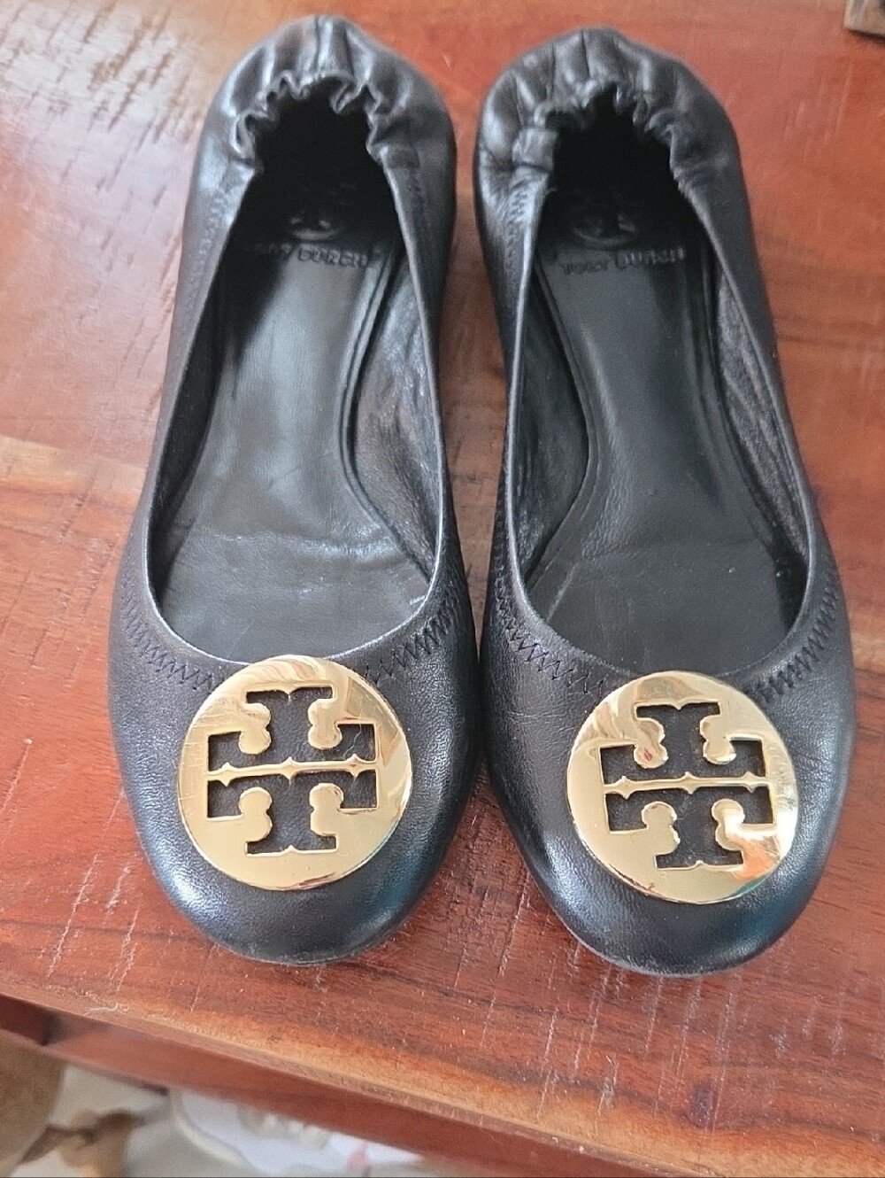 Tory Burch Black Leather Logo Ballet Flats with Gold Medallions